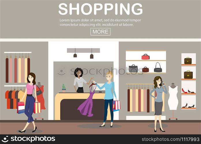 interior of a modern and fashionable clothing store,caucasian female cashier and and women buyers,place for text,flat vector illustration. ,caucasian female cashier and and women buyers