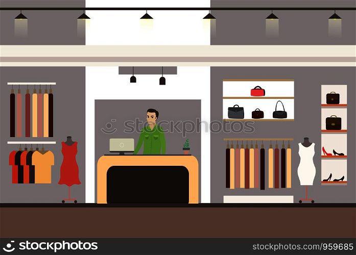 interior of a modern and fashionable clothing store,caucasian male cashier,flat vector illustration. interior of a modern and fashionable clothing store,
