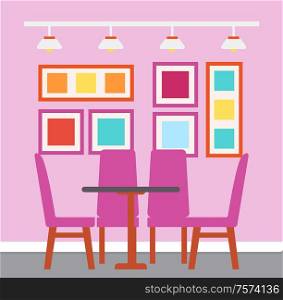 Interior of cafe with colorful design vector. Table and chairs, decoration abstract picture on walls, lamps placed on metal stick. Bright place to dinner. Cafe Interior Table With Pink Chairs Eatery Design