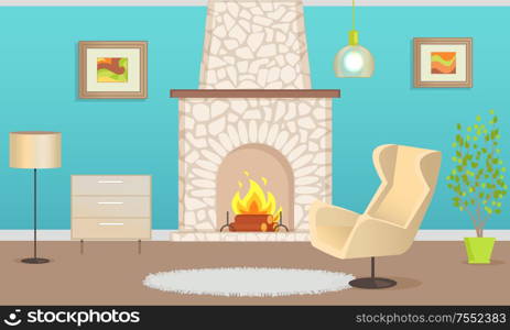 Interior of flat with stone chimney and burning firewood. Blue wallpaper and hanging pictures, armchair and rug near houseplant, nightstand vector. Interior of Flat with Chimney and Furniture Vector