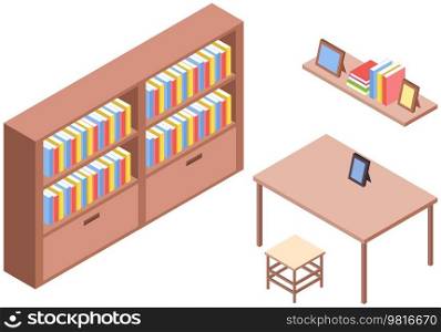 Interior of living room in cartoon retro style. Wooden table, stool, bookcase and shelf with pictures on white background. Empty premise with furnishings for design, apartment equipment elements. Interior of living room in retro style. Wooden table, stool, bookcase and shelf with pictures