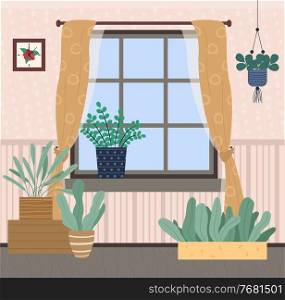 Interior of living room with different green plants, window with curtains, hanging houseplants, design of apartment, growing greenery at home, natural eco plants in pots, clock decor at wall. Interior of living room with green plants, window with curtains, hanging houseplants, design