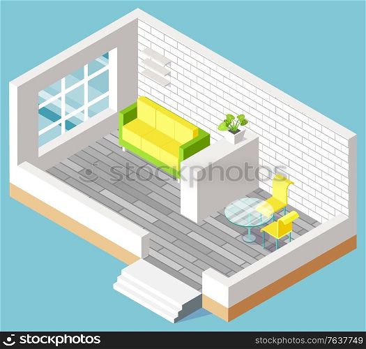 Interior of living room with new relocation of furniture, brick walls in apartment. Sofa near window, table with chairs, nobody place, architecture vector. Furniture in Living Room, Interior of Flat Vector