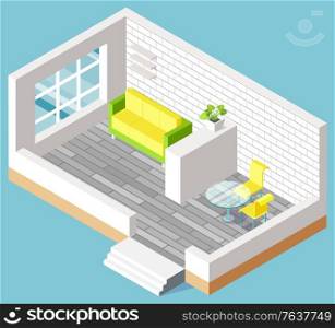 Interior of living room with new relocation of furniture, brick walls in apartment. Sofa near window, table with chairs, nobody place, architecture vector. Furniture in Living Room, Interior of Flat Vector