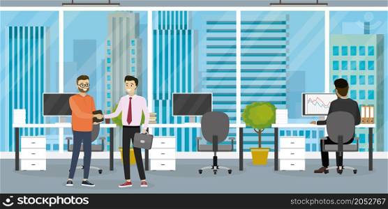 Interior of modern office or coworking place with furniture,three workplace,different male businessmen working and talking,back and profile view,flat vector illustration.