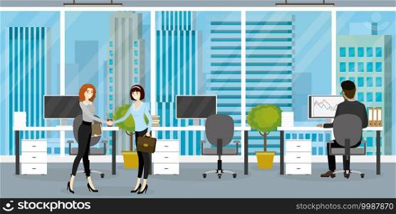 Interior of modern office or coworking place with furniture,three workplace,different people working,back and profile view,flat vector illustration.