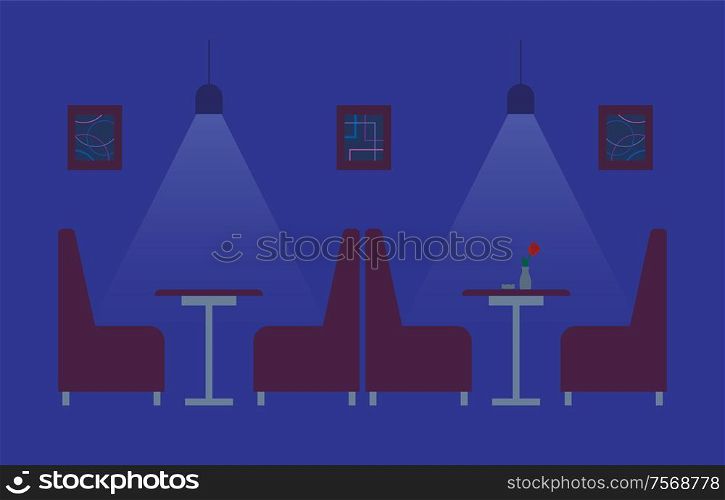 Interior of night club, dark lighting, pictures on wall, sofa and table decorated by flower. Blue room with furniture, relaxing public place flat vector. Interior of Night Club, Morden Public Place Vector