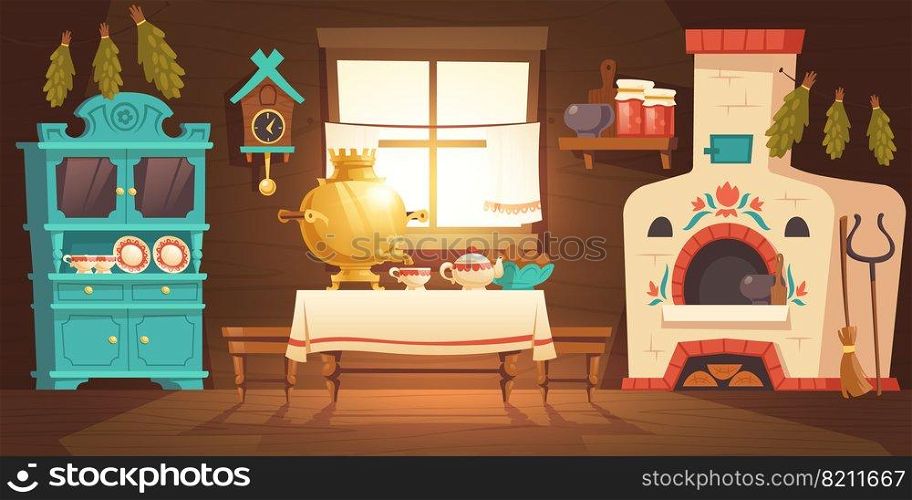 Interior of old russian kitchen, ukrainian ancient rural house with oven, samovar, cuckoo-clock and grip. Vector cartoon illustration of empty wooden room with traditional russian furniture and stove. Interior of old russian kitchen, ukrainian house