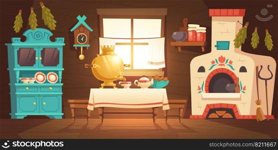 Interior of old russian kitchen, ukrainian ancient rural house with oven, samovar, cuckoo-clock and grip. Vector cartoon illustration of empty wooden room with traditional russian furniture and stove. Interior of old russian kitchen, ukrainian house