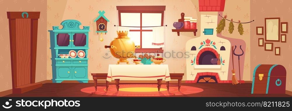 Interior of old russian kitchen, ukrainian ancient rural house with oven, samovar and chest. Vector cartoon illustration of empty wooden room with traditional russian furniture and stove. Interior of old russian kitchen, rural house