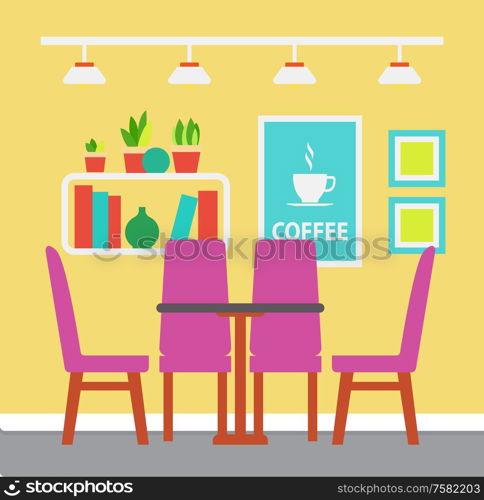 Interior of room, accommodation decorated with picture, bookshelf with plants, table with purple chairs and chandelier. Colorful design of placement vector. Colorful Design of Room, Table with Chairs vector