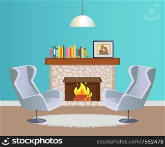 Interior of room in blue color of wallpaper with hanging lump, fireplace with burning firewood decorated with books. Grey armchairs and mat vector. Designer Room with Fireplace and Armchairs Vector
