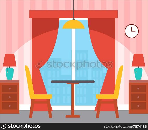 Interior of room, table with chairs, nightstand with lamps, panoramic window with curtains, wallpaper in stripes, hanging clock and illuminator vector. Interior of Room, Table with Chairs, Indoor Vector