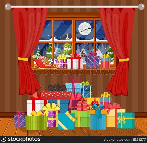 Interior of room with gifts. Happy new year decoration. Merry christmas holiday. New year and xmas celebration. Vector illustration flat style .. Interior of room with gifts.