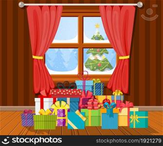 Interior of room with gifts. Happy new year decoration. Merry christmas holiday. New year and xmas celebration. Vector illustration flat style .. Interior of room with gifts.