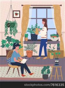 Interior of room with plants vector, woman sitting on chair reading book, lady with watering can caring for plants growing in pots. Home of people. Home Interior, People Caring for House Plants