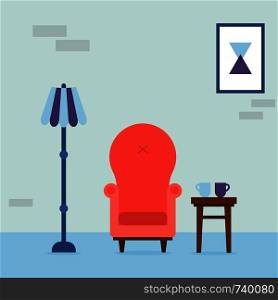 Interior of the living room. Vintage cozy red armchair, abstract picture, lamp and chair with cups in room. Interior elements. Vector illustration.