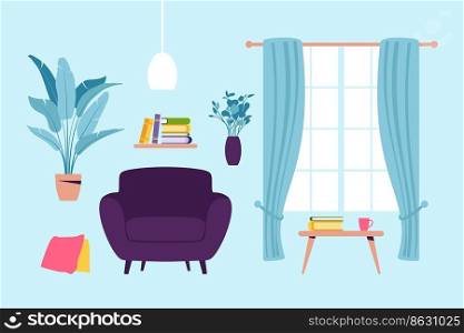 Interior of the living room with furniture. Modern armchair with mini table. Flat cartoon style. Vector illustration.