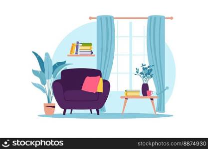 Interior of the living room with furniture. Modern armchair with mini table. Flat cartoon style. Vector illustration.
