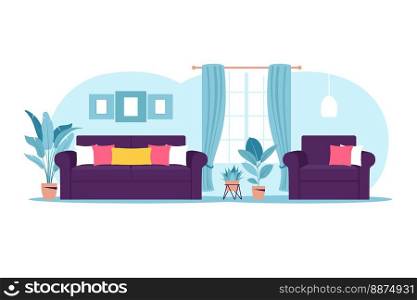Interior of the living room with furniture. Modern sofa and armchair with mini table. Flat cartoon style. Vector illustration.