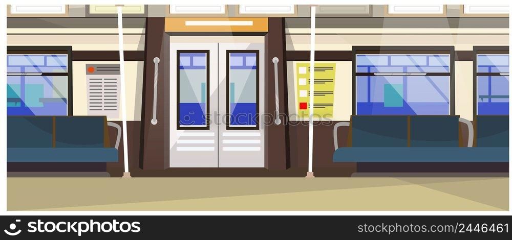 Interior of underground train vector illustration. Modern subway train with seats and door. City transport concept. Exterior of underground train vector illustration