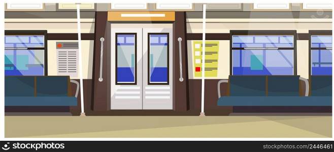 Interior of underground train vector illustration. Modern subway train with seats and door. City transport concept. Exterior of underground train vector illustration