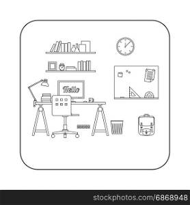 Interior of workplace.. Workplace in room. Vector line illustration of workspace.