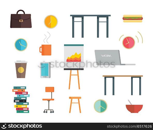 Interior Office Elements Set. Interior office elements set in flat style. Table, chair, briefcase, laptop, round clock, folders, white board for presentations, cup, plate vector illustrations on white background. Office icon set