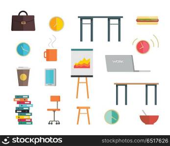 Interior Office Elements Set. Interior office elements set in flat style. Table, chair, briefcase, laptop, round clock, folders, white board for presentations, cup, plate vector illustrations on white background. Office icon set