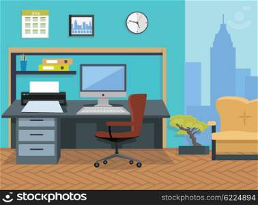 Interior Office Room. Illustration for Design. Modern office interior designer desktop in flat design. Interior room. Office space. Vector illustration. Working place in office interior workplace. On table computer and printer near chair and sofa