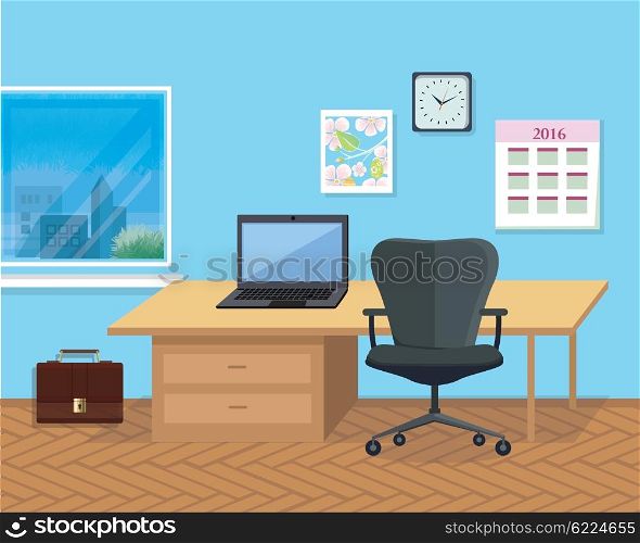 Interior Office Room. Illustration for Design. Modern office interior with designer desktop in flat design. Interior office room. Office space. Vector illustration. Working place in office interior workplace. Laptop on desk near chair