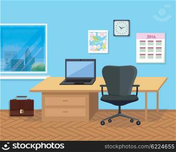 Interior Office Room. Illustration for Design. Modern office interior with designer desktop in flat design. Interior office room. Office space. Vector illustration. Working place in office interior workplace. Laptop on desk near chair