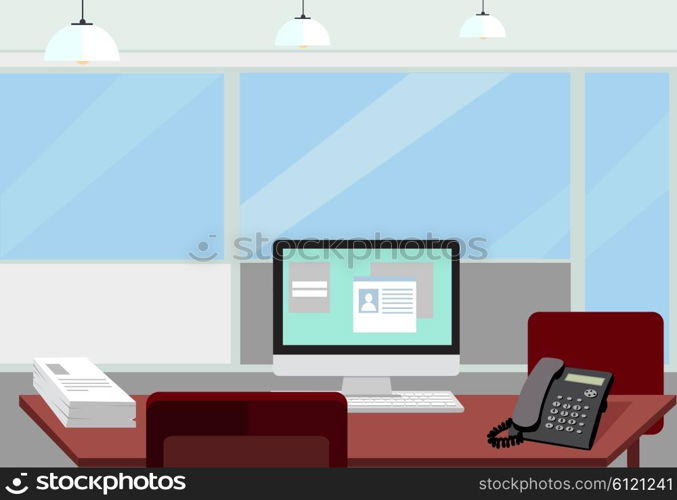 Interior office room.Vector illustration for design. Modern office interior with designer desktop in flat design. Interior office room. Modern office room. Office space. Vector illustration of office. Working place in modern office interior.