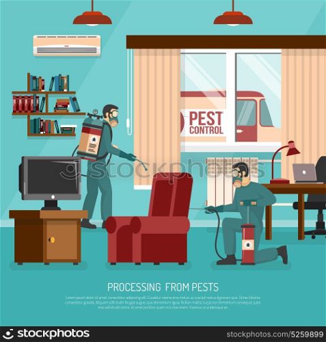 Interior Pest Control Treatment Flat Advertisement Poster. Professional interior pest control service team at work spraying insecticide in living room flat poster vector illustration
