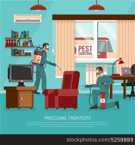 Interior Pest Control Treatment Flat Advertisement Poster. Professional interior pest control service team at work spraying insecticide in living room flat poster vector illustration
