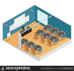 Interior poster of modern classroom with computers desks chalkboard and magnetic board projector and screen isometric vector illustration. Interior Poster Of Modern Classroom