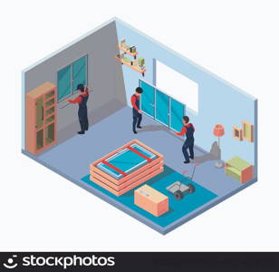 Interior renovation background. Workers installing plastic windows in modern room fix problems door frames repair processes vector isometric template. Illustration of install specialist and renovate. Interior renovation background. Workers installing plastic windows in modern room fix problems with door frames repair processes garish vector isometric template