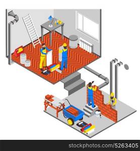 Interior Repairs Composition . Interior repairs isometric composition with workers equipment and paint vector illustration