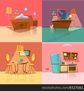 Interior Retro Set. Interior retro set with bedroom dining room office and kitchen cartoon isolated vector illustration