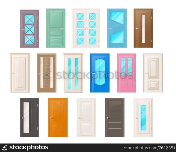 Interior room doors isolated vector objects. Interior design elements for room or office decoration, wooden multicolored doorways with metal doorknobs and glass details. House or hotel door frames. Interior room doors isolated vector objects