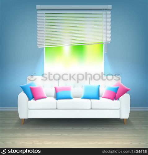 Interior Sofa Neon Light Realistic Illustration. White leather luxury sofa with red and blue decorative cushions in bright neon light realistic vector illustration