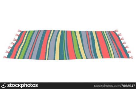 Interior styling vector, isolated icon of colorful rug closeup flat style decoration of home. Carpet laying on floor, stripes decor warm cotton fabric. Floor Rug, Colorful Carpet Interior Decoration