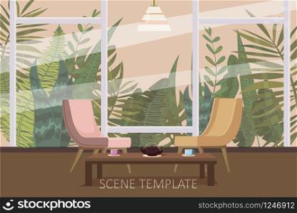 Interior template design of residential or living rooms with armchairs and a tea table on the background of window tropical plants and leaves. Interior template design of residential or living rooms with armchairs and a tea table on the background of window tropical plants and leaves, cartoon style, isolated, vector, illustration