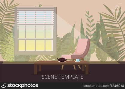 Interior template design of residential or living rooms with armchairs and a tea table on the background of wallpaper with a print of tropical plants and leaves.. Interior template design of residential or living rooms with armchairs and a tea table on the background of wallpaper with a print of tropical plants and leaves, cartoon style, isolated, vector, illustration