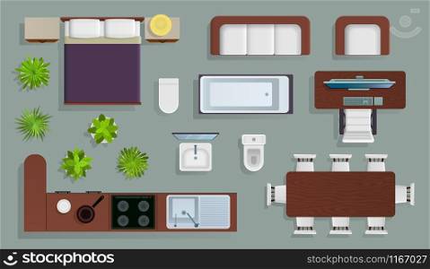 Interior top view. Office furniture design elements, bedroom and kitchen, bathroom plan, store and apartment view from above modern living room vector set. Interior top view. Office furniture design elements, bedroom and kitchen, bathroom plan, store and apartment view from above vector set