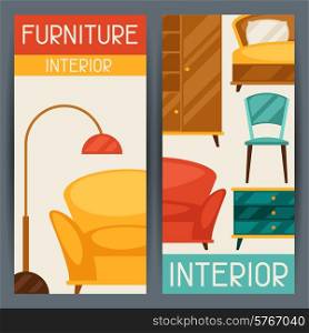 Interior vertical banners with furniture in retro style.