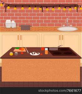 Interior view of kitchen place with birch wall and wooden furniture. Cutting vegetables on table near stove with pan. Sink and plates in dryer under wooden shelf with light bulb decoration vector. Kitchen Cooking Place with Dishes and Food Vector