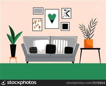 Interior with sofa. Living room with cofortable furniture detailed vector composition. Comfortable apartment, living, room illustration indoor. Interior with sofa. Living room with cofortable furniture detailed vector composition