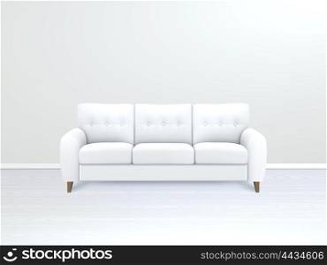 Interior With White Leather Sofa Illustration . White soft luxury leather sofa in modern apartment salon art gallery or office interior realistic vector illustration