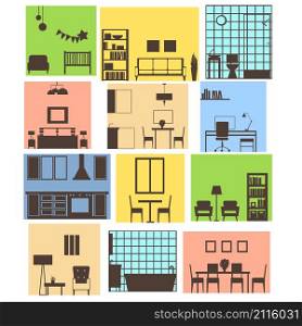 Interiors of different rooms. Vector illustration